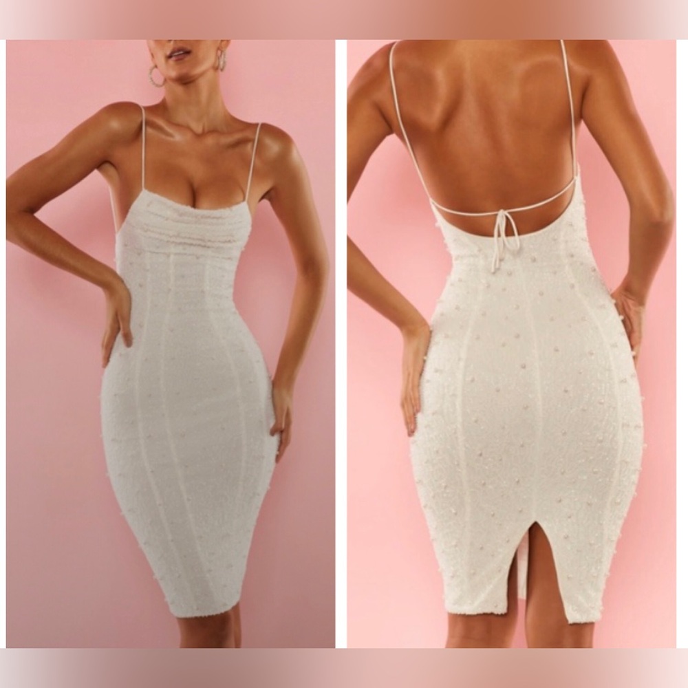 Like New Oh Polly Riviera Pearl embellished bodycon midi dress Open Tie Back